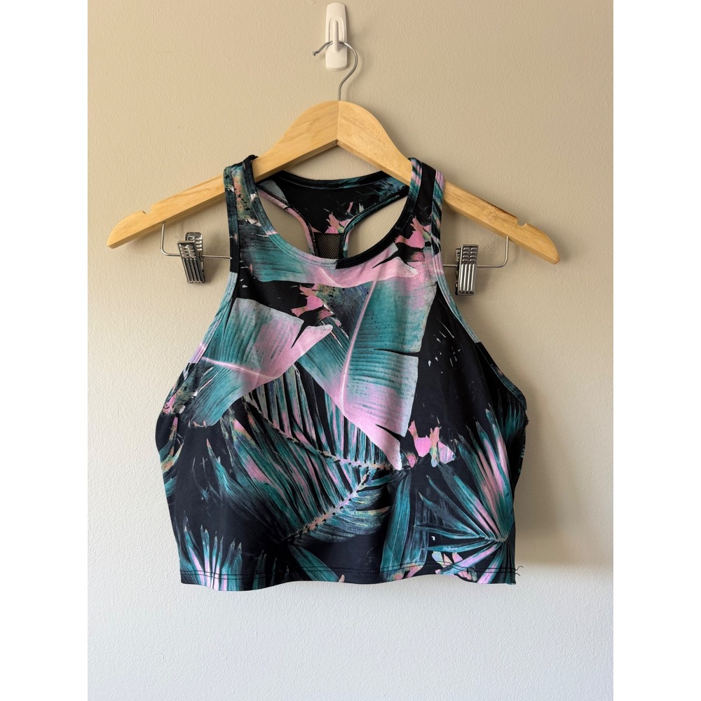 Black Pink Tropical Palm Leaf High Neck Racerback Mesh Sports Bra M/L